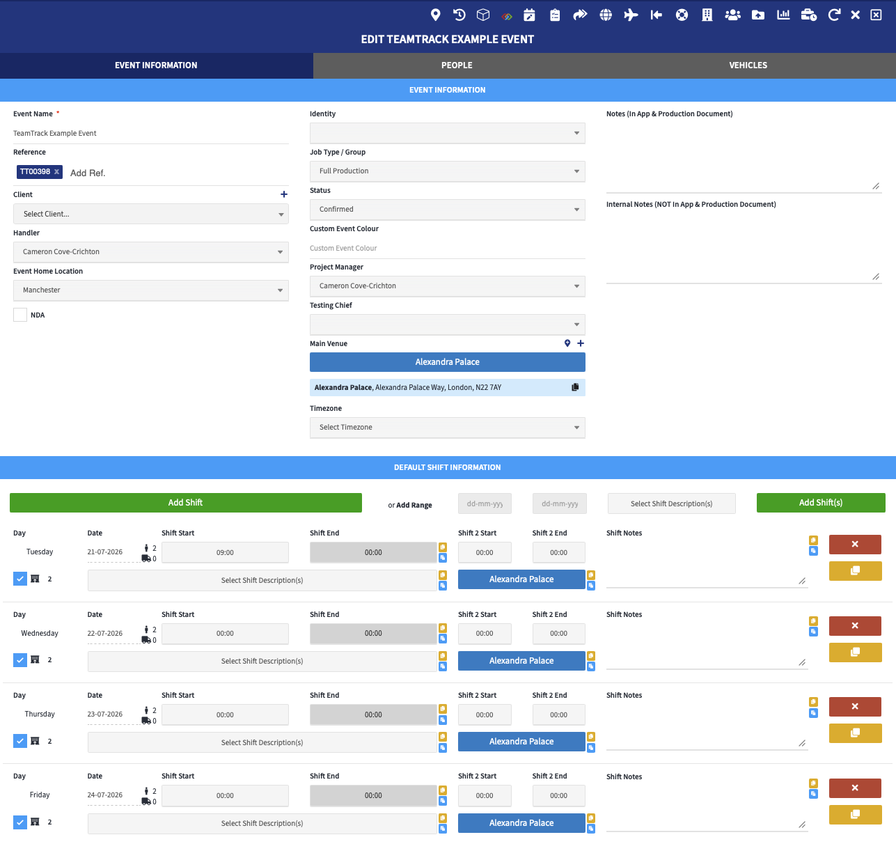TeamTrack event and crew scheduling screen showing event information, venues and multi-day shifts
